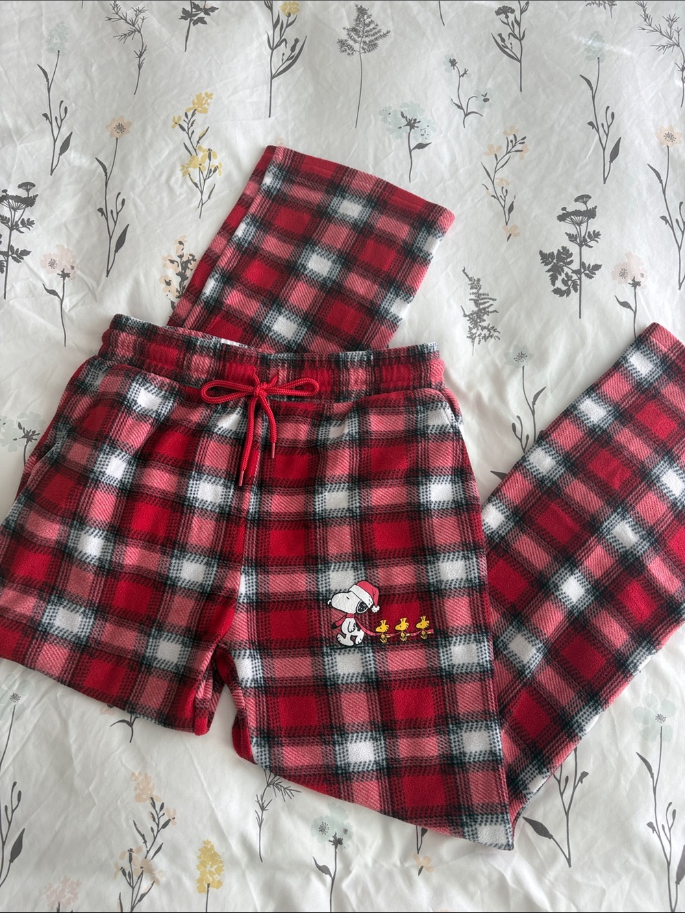 Peanuts Red Black White Plaid Fleece Pajama Bottoms with Snoopy Embroidery